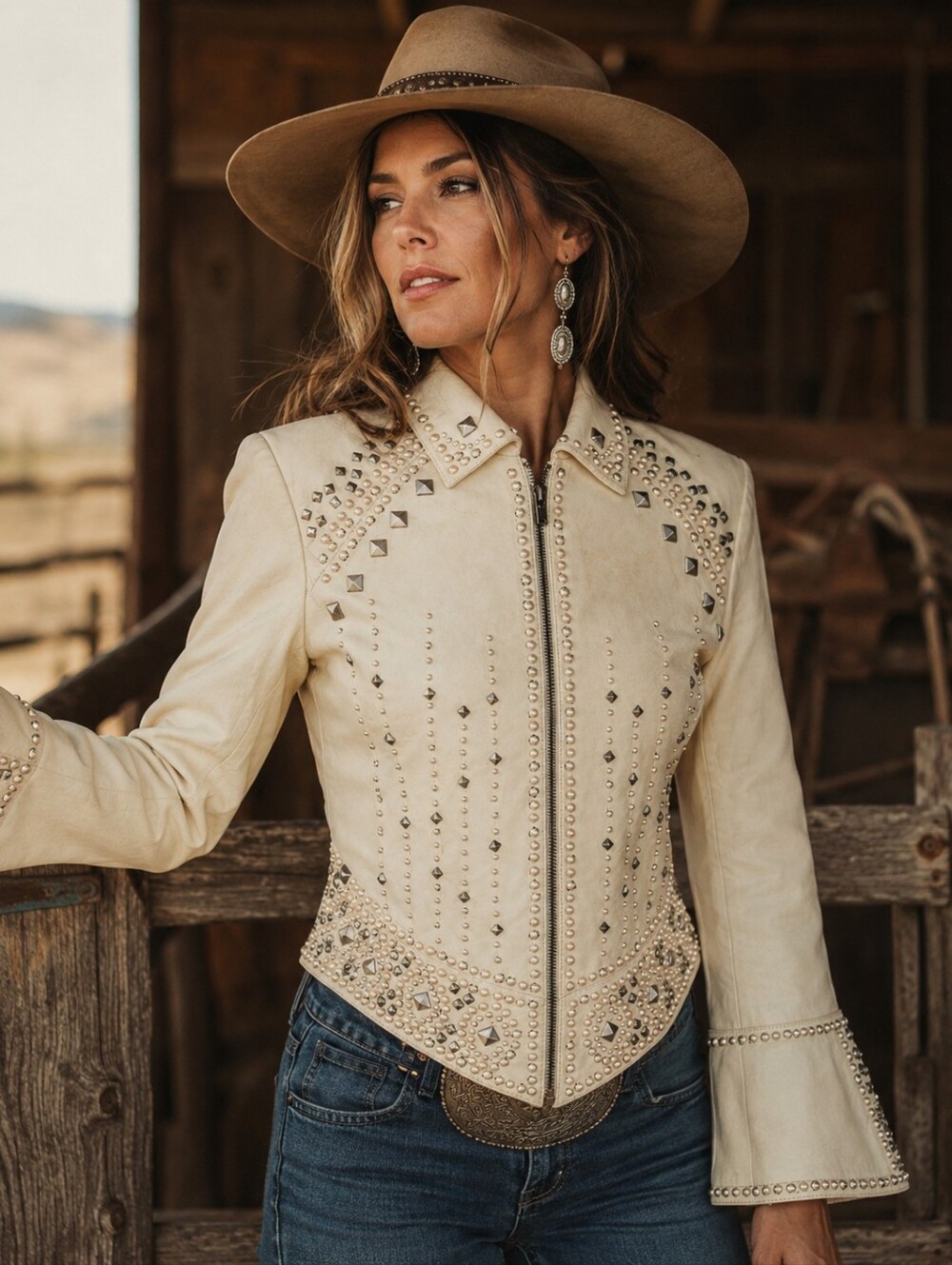 Double D Ranch studded ivory leather biker jacket distressed western size medium - Picture 1 of 13